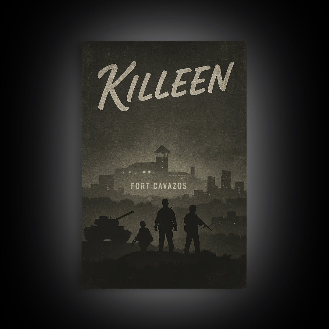 Killeen Texas Travel Poster, Framed Canvas Print, Black And White Travel Art, Killeen Wall Art, Vintage City Poster, Travel Art Print