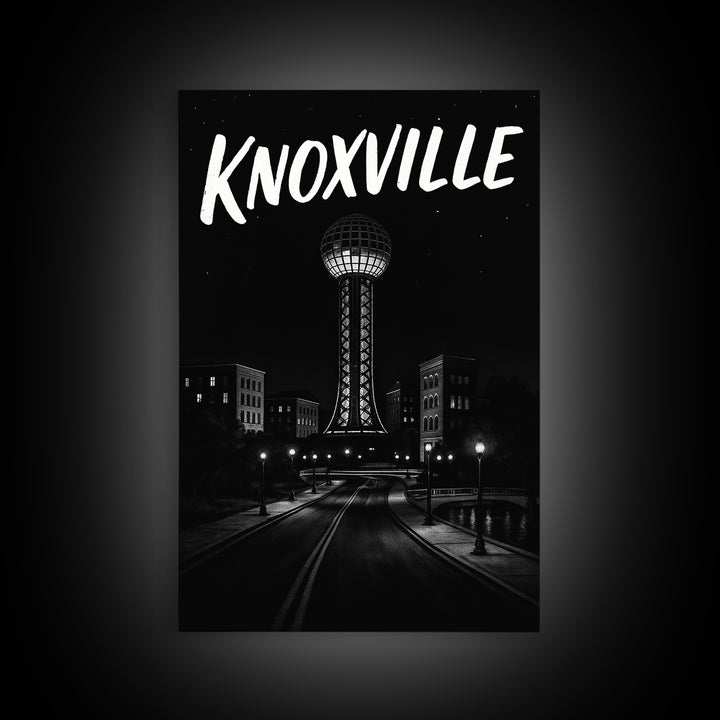 Knoxville Travel Poster, Framed Canvas Print, Black And White Travel Art, Knoxville Travel Art, Retro Travel Print, Watercolor Skyline Art