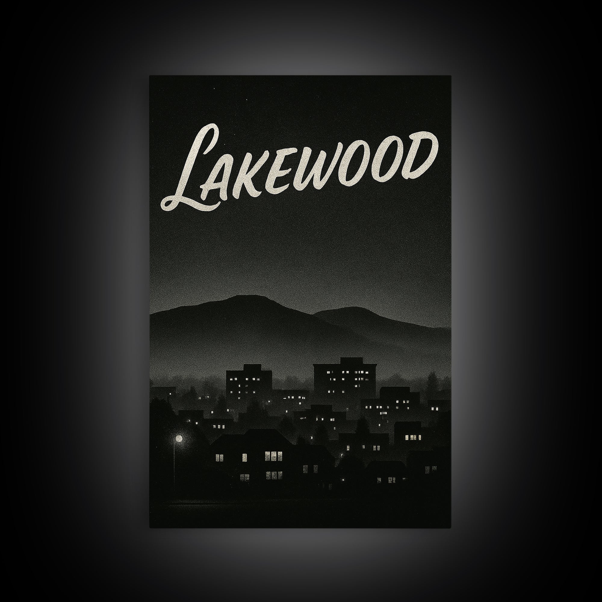 Lakewood Travel Poster, Framed Canvas Print, Night Street Poster Art, Lakewood Travel Art, Living Room Wall Art, Mid Century Wall Art