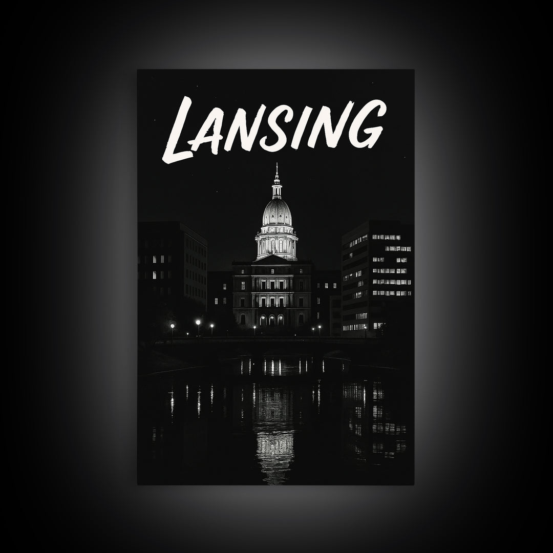 Lansing Michigan Travel Poster, Canvas Print, Dark Moody City Wall Art, Lansing City Art, Travel Poster Set, Travel Art Print, Wall Art