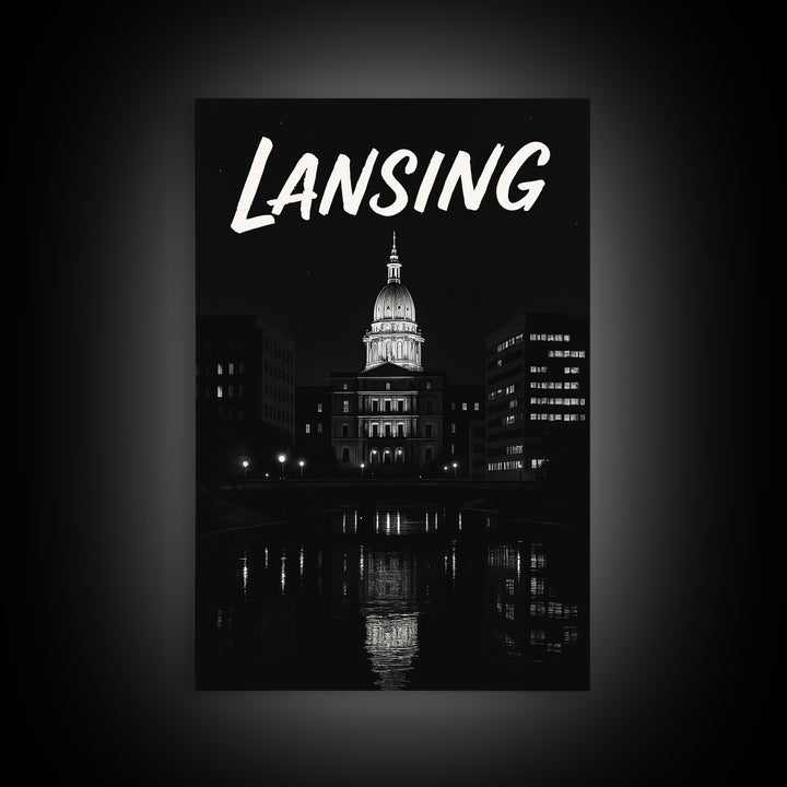 Lansing Michigan Travel Poster, Canvas Print, Dark Moody City Wall Art, Lansing City Art, Travel Poster Set, Travel Art Print, Wall Art