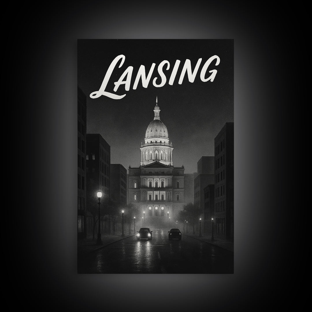 Lansing Travel Poster, Framed Canvas Print, Black And White Travel Art, Lansing Poster Print, Vintage City Art, Living Room Wall Art