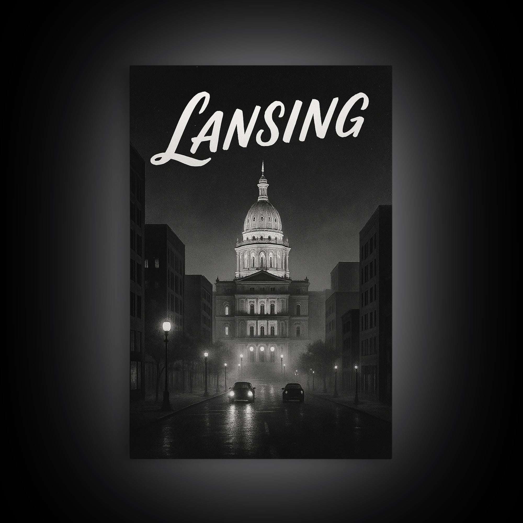 Lansing Travel Poster, Framed Canvas Print, Black And White Travel Art, Lansing Poster Print, Vintage City Art, Living Room Wall Art