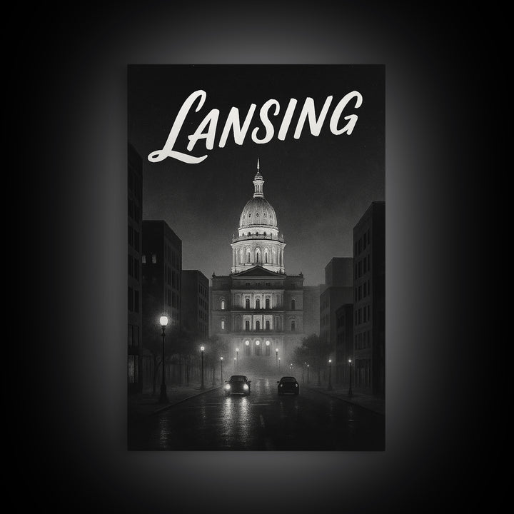Lansing Travel Poster, Framed Canvas Print, Black And White Travel Art, Lansing Poster Print, Vintage City Art, Living Room Wall Art