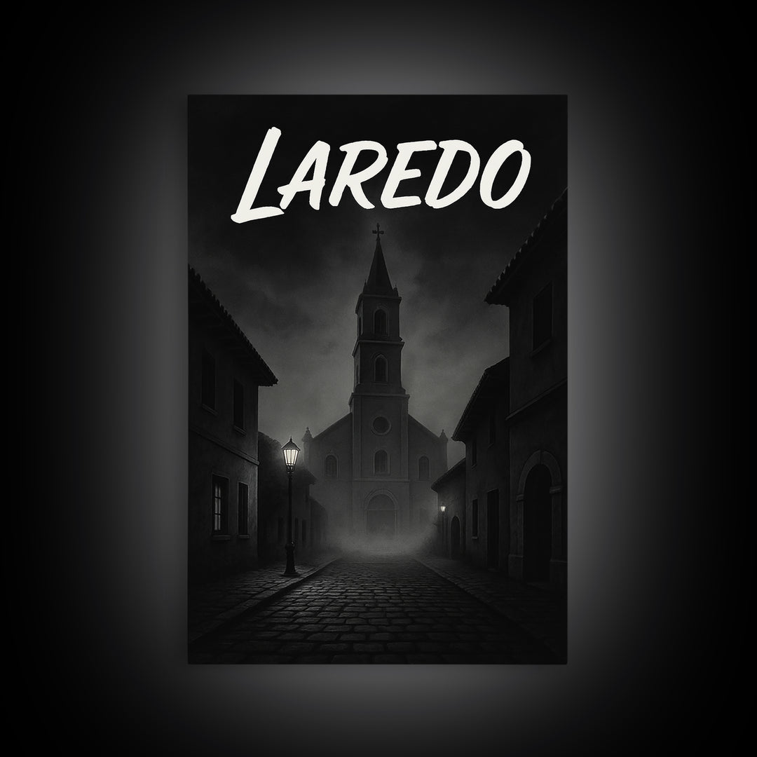 Laredo Travel Poster, Framed Canvas Print, Black And White Travel Art, Laredo Art Print, Retro Travel Print, Home Office Decor