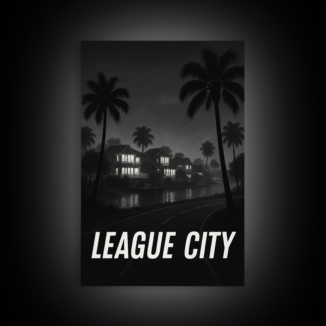 League City Texas Travel Poster, Framed Canvas Print, Night Street Poster Art, League City Art Print, Retro Travel Print, Travel Wall Art