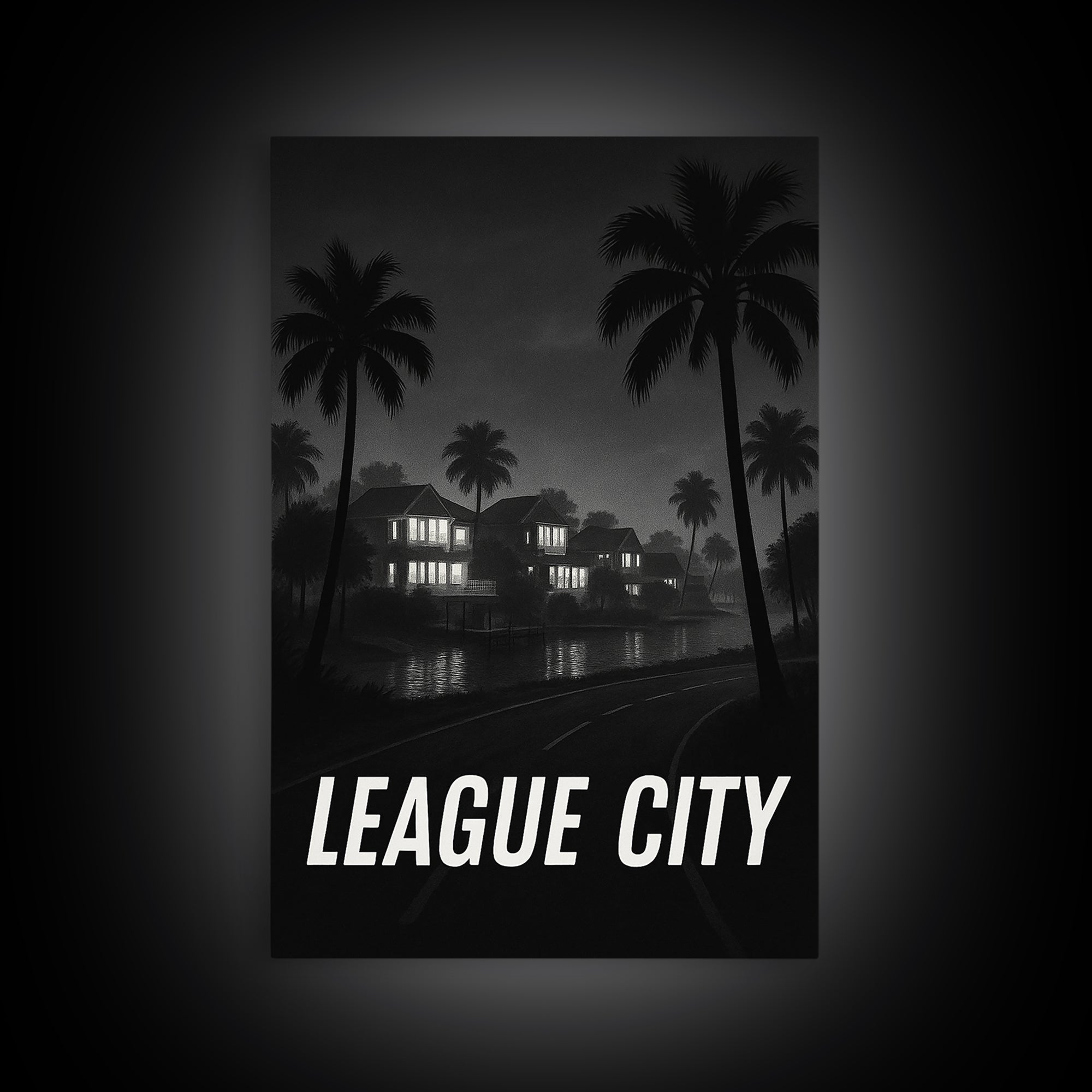 League City Texas Travel Poster, Framed Canvas Print, Night Street Poster Art, League City Art Print, Retro Travel Print, Travel Wall Art