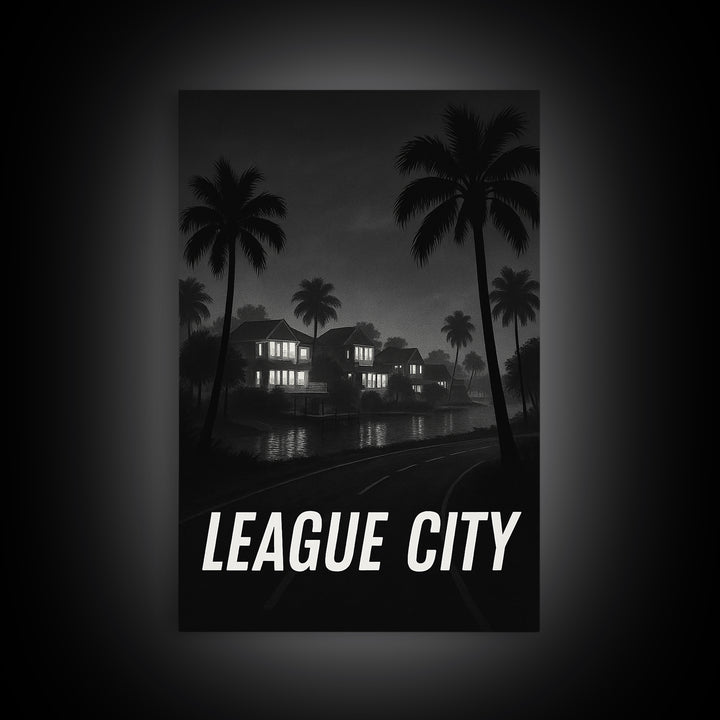 League City Texas Travel Poster, Framed Canvas Print, Night Street Poster Art, League City Art Print, Retro Travel Print, Travel Wall Art