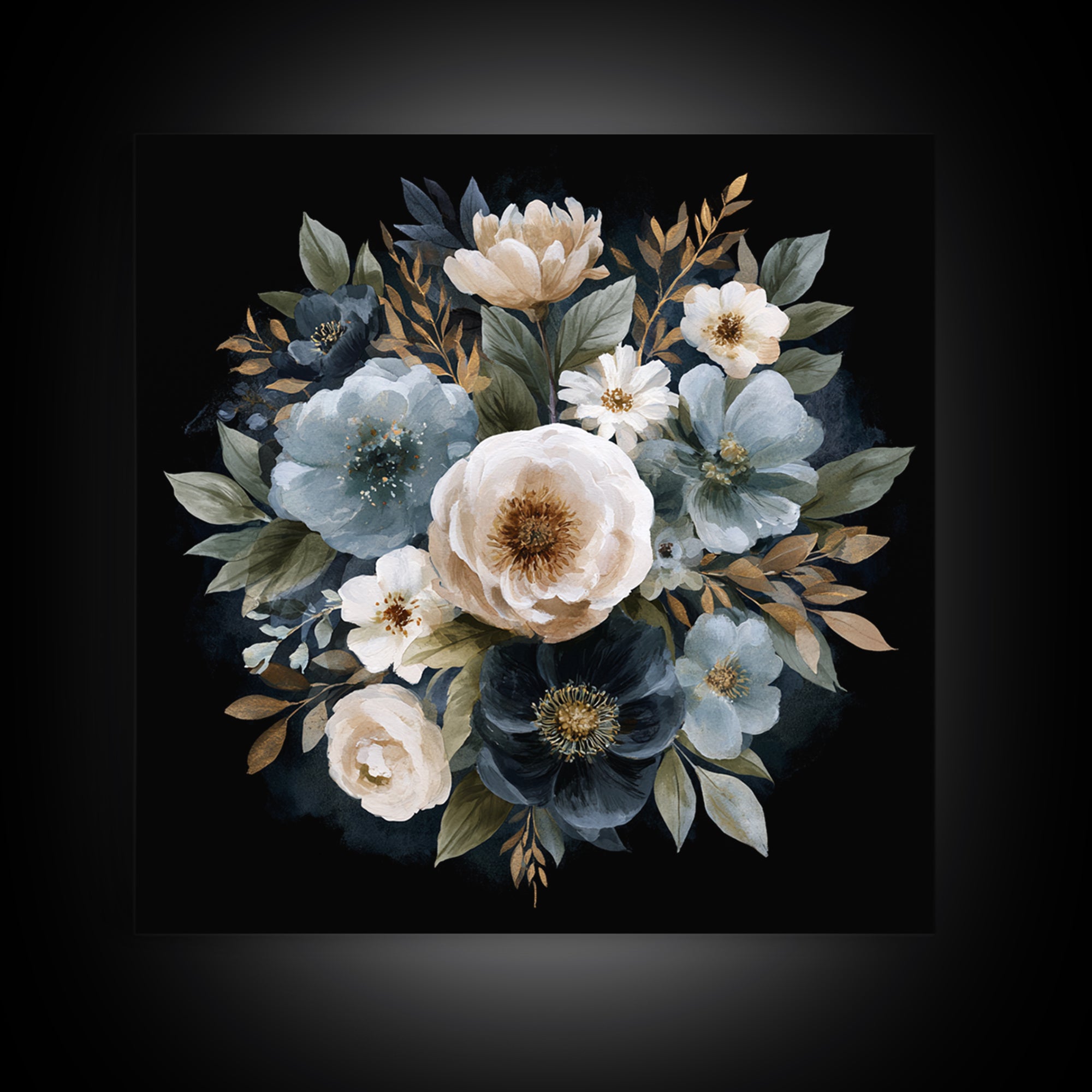 Moody Dark Background Bouquet for Formal Dining Framed Canvas Print, Dining Room Art, Kitchen Decor, Dining Room Decor, Dining, DRA-1x1-11