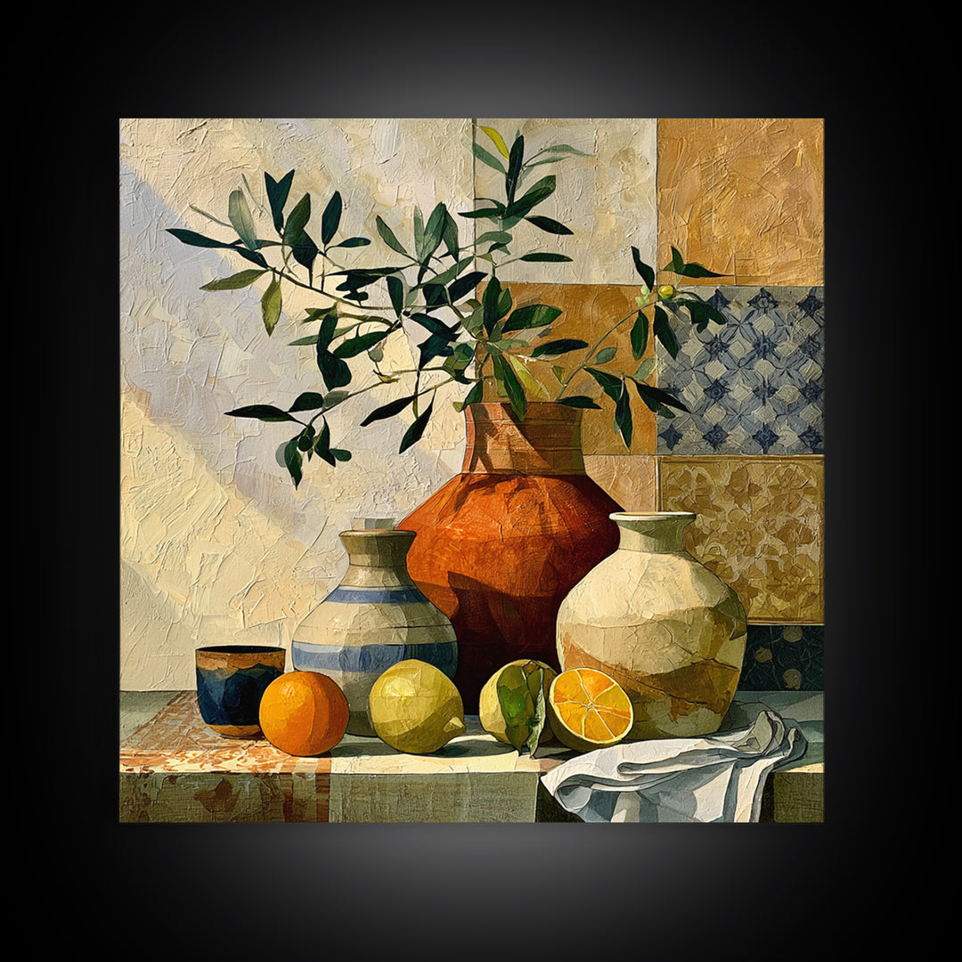 Mediterranean Olive Branch and Citrus Arrangement Framed Canvas Print, Dining Room Art, Print, Dining Room Decor, Oil Painting, DRA-1x1-12