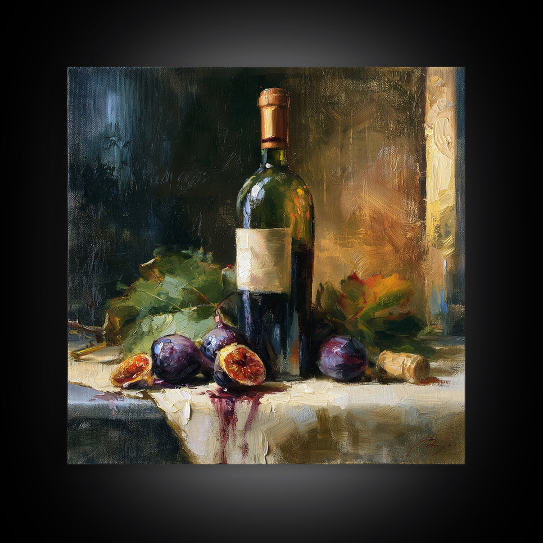 Wine Bottle and Figs on a Linen Canvas Print, Dining Room Art, Canvas Art, Dining Room Decor, Dining, Bedroom Wall Art, DRA-1x1-3