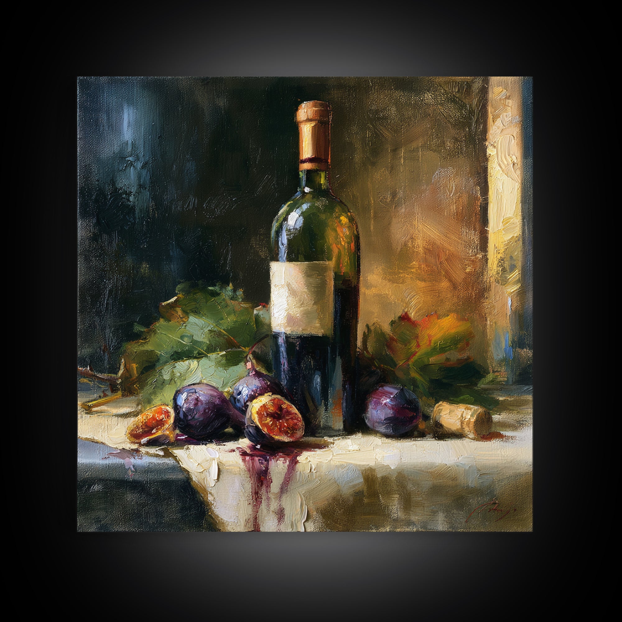 Wine Bottle and Figs on a Linen Canvas Print, Dining Room Art, Canvas Art, Dining Room Decor, Dining, Bedroom Wall Art, DRA-1x1-3