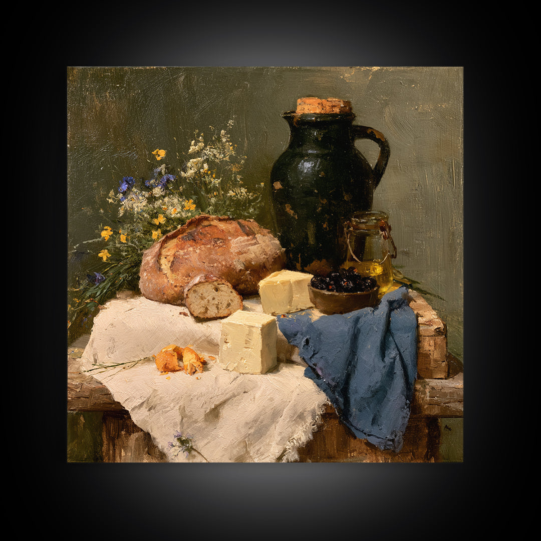 Rustic Bread Olives and Cheese Still Life Canvas Print, Dining Room Art, 3 Piece Wall Art, Dining Room Decor, Oil Painting, DRA-1x1-30