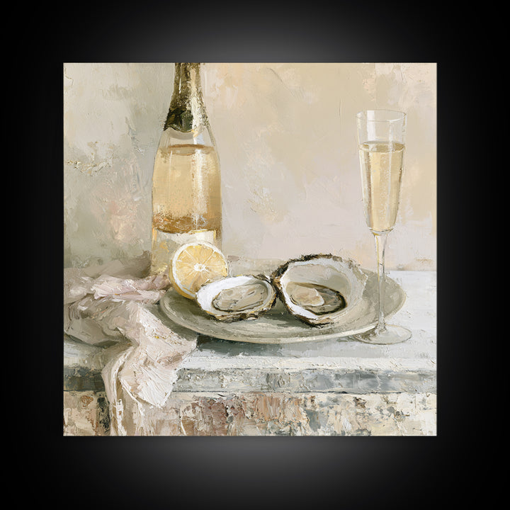 Elegant Oyster and Champagne Still Life Canvas Print, Dining Room Art, Kitchen Art, Dining Room Decor, Fine Art, Dining, DRA-1x1-31