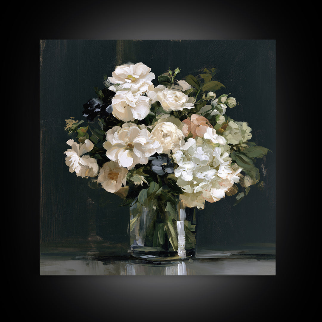 Moody Dark Background Bouquet for Formal Dining Canvas Print, Dining Room Art, Living Room Decor, Dining Room Decor, Dining, DRA-1x1-35