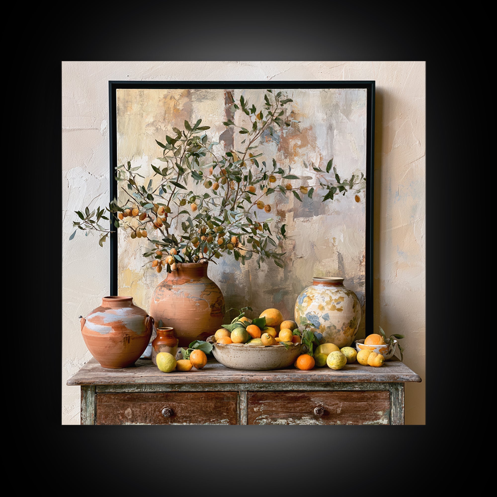 Mediterranean Olive Branch and Citrus Arrangement Canvas Print, Dining Room Art, Bedroom Decor, Dining Room Decor, Dining, DRA-1x1-36
