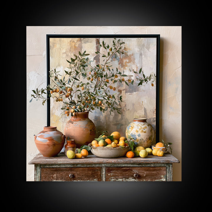 Mediterranean Olive Branch and Citrus Arrangement Canvas Print, Dining Room Art, Bedroom Decor, Dining Room Decor, Dining, DRA-1x1-36