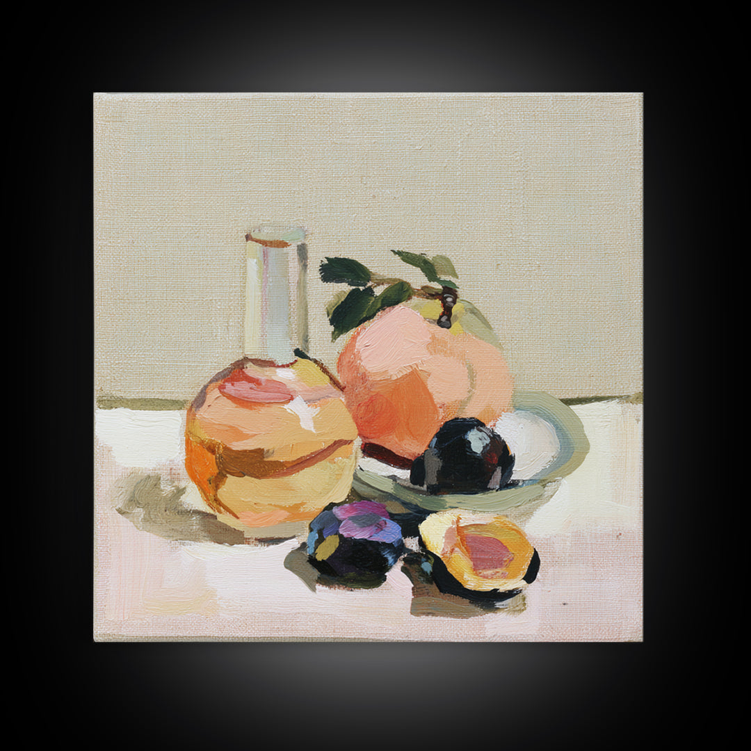 Peach and Plum Still Life Framed Canvas Print, Dining Room Art, Kitchen Wall Art, Dining Room Decor, Fine Art, Dining, DRA-1x1-44