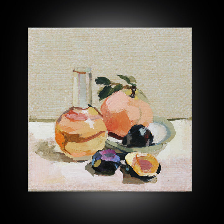 Peach and Plum Still Life Framed Canvas Print, Dining Room Art, Kitchen Wall Art, Dining Room Decor, Fine Art, Dining, DRA-1x1-44