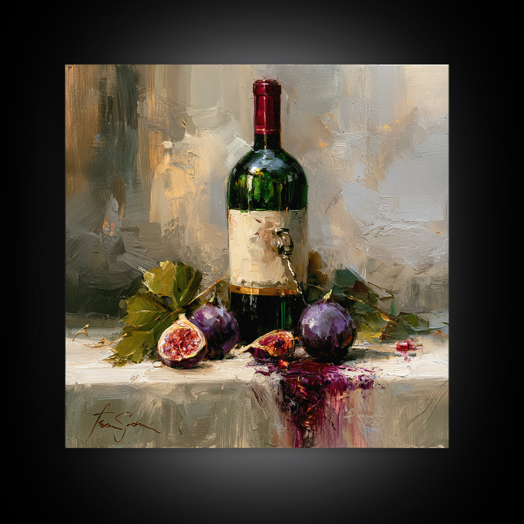 Wine Bottle and Figs on a Linen Framed Canvas Print, Dining Room Art, Coastal Wall Art, Dining Room Decor, Abstract Art, Dining, DRA-1x1-51