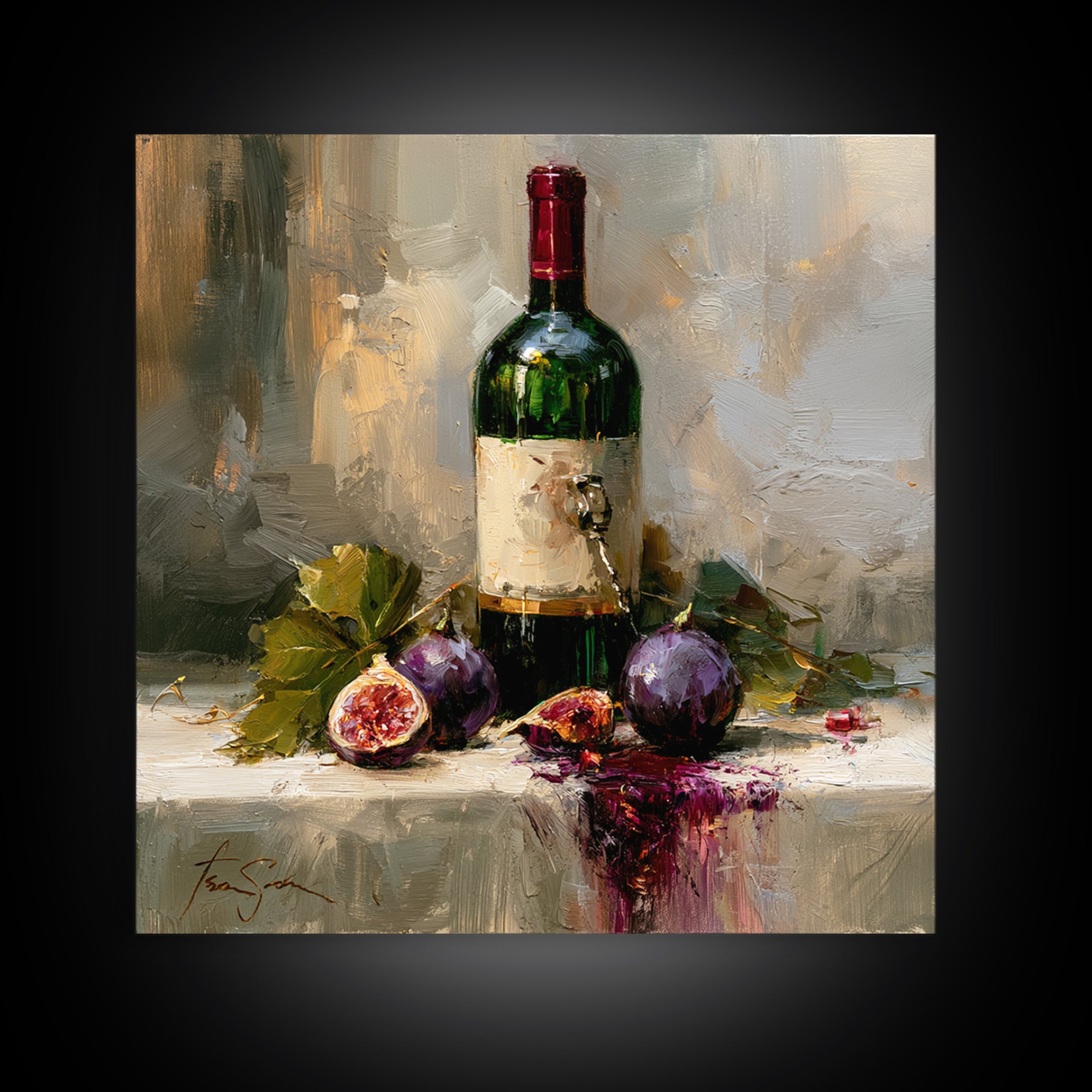 Wine Bottle and Figs on a Linen Framed Canvas Print, Dining Room Art, Coastal Wall Art, Dining Room Decor, Abstract Art, Dining, DRA-1x1-51