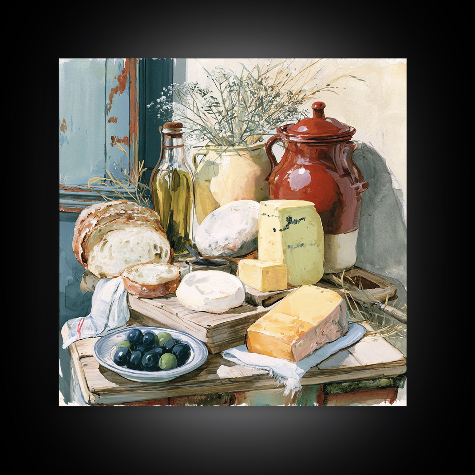 Rustic Bread Olives and Cheese Still Life Canvas Print, Dining Room Art, 3 Piece Wall Art, Dining Room Decor, Oil Painting, DRA-1x1-54