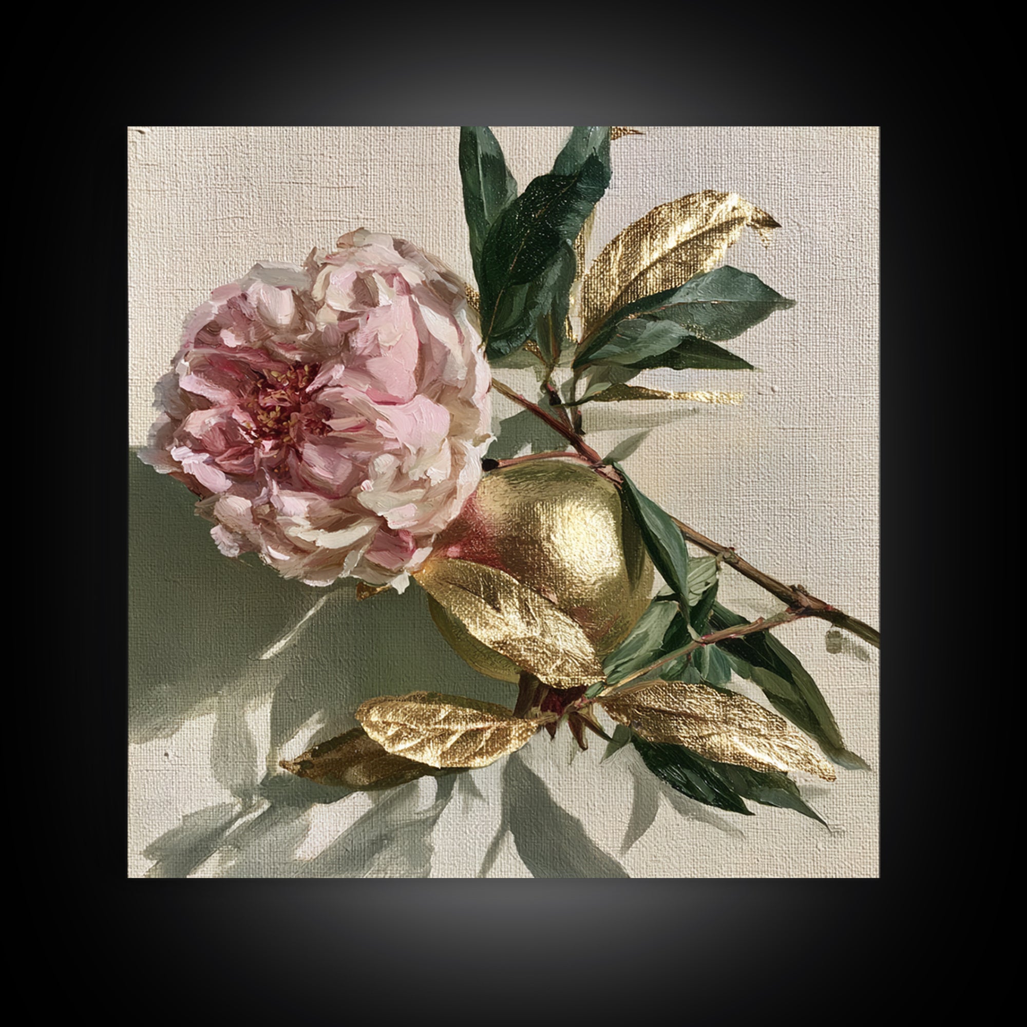 Pomegranate and Gold Leaf Botanical Study Framed Canvas Print, Dining Room Art, Bedroom Decor, Dining Room Decor, Dining, DRA-1x1-56