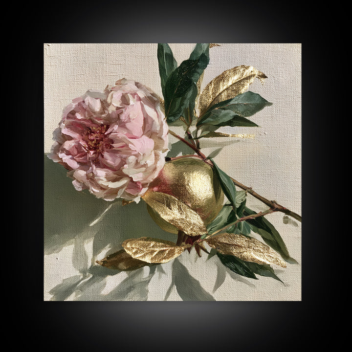 Pomegranate and Gold Leaf Botanical Study Framed Canvas Print, Dining Room Art, Bedroom Decor, Dining Room Decor, Dining, DRA-1x1-56