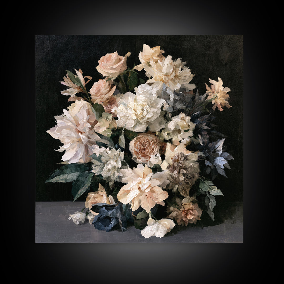 Moody Dark Background Bouquet for Formal Dining Canvas Print, Dining Room Art, Kitchen Prints, Dining Room Decor, Dining, DRA-1x1-59