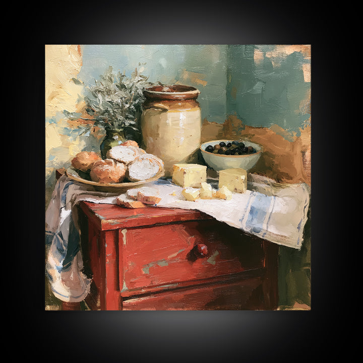 Rustic Bread Olives and Cheese Still Life Canvas Print, Dining Room Art, Living Room Decor, Dining Room Decor, Dining, DRA-1x1-6