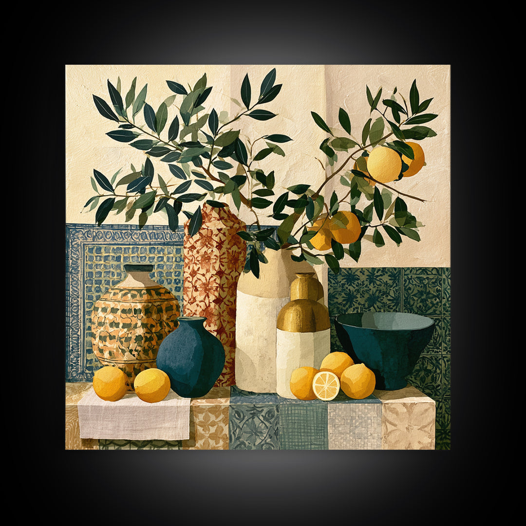 Mediterranean Olive Branch and Citrus Arrangement Canvas Print, Dining Room Art, Bedroom Wall Art, Dining Room Decor, Dining, DRA-1x1-60
