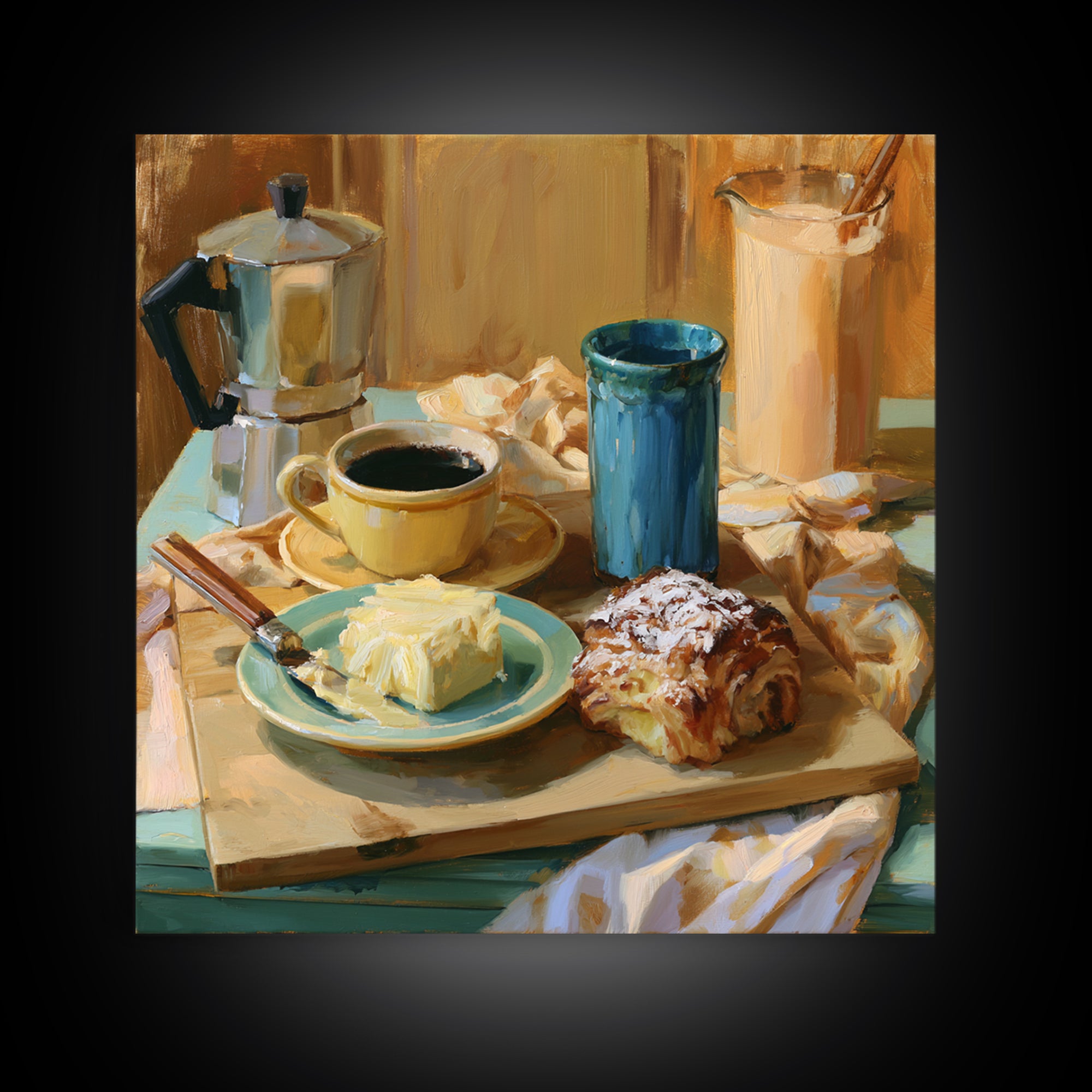 Coffee and Pastry Scene for Breakfast Nook Framed Canvas Print, Dining Room Art, Kitchen Wall Decor, Dining Room Decor, Dining, DRA-1x1-62