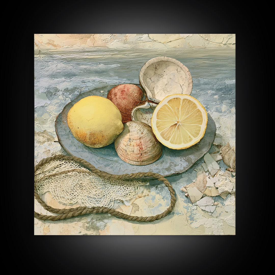 Shellfish and Lemon Still Life Framed Canvas Print, Dining Room Art, Abstract Wall Art, Dining Room Decor, Fine Art, Dining, DRA-1x1-64