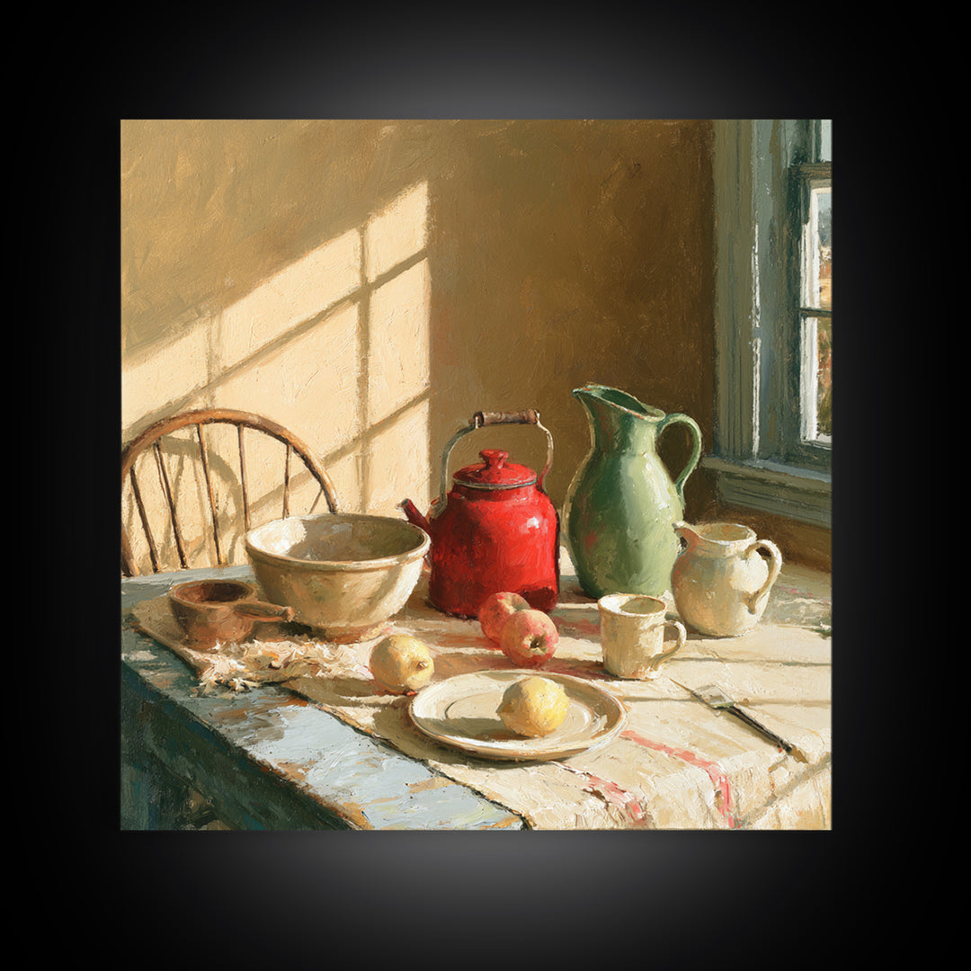 Sunlit Farmhouse Table Objects Without Room View Canvas Print, Dining Room Art, Coastal Wall Art, Dining Room Decor, Dining, DRA-1x1-65