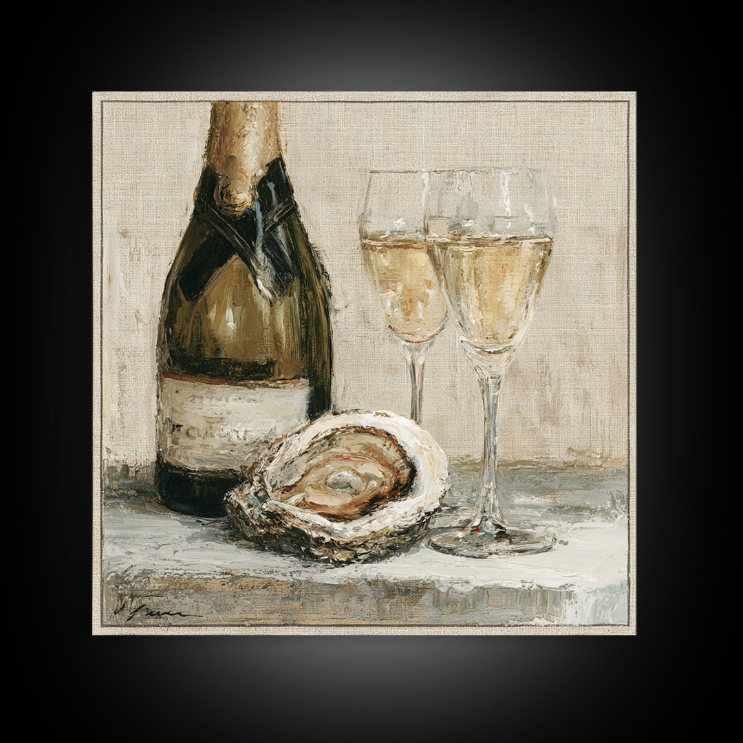 Elegant Oyster and Champagne Still Life Framed Canvas Print, Dining Room Art, Bedroom Decor, Dining Room Decor, Dining, DRA-1x1-7