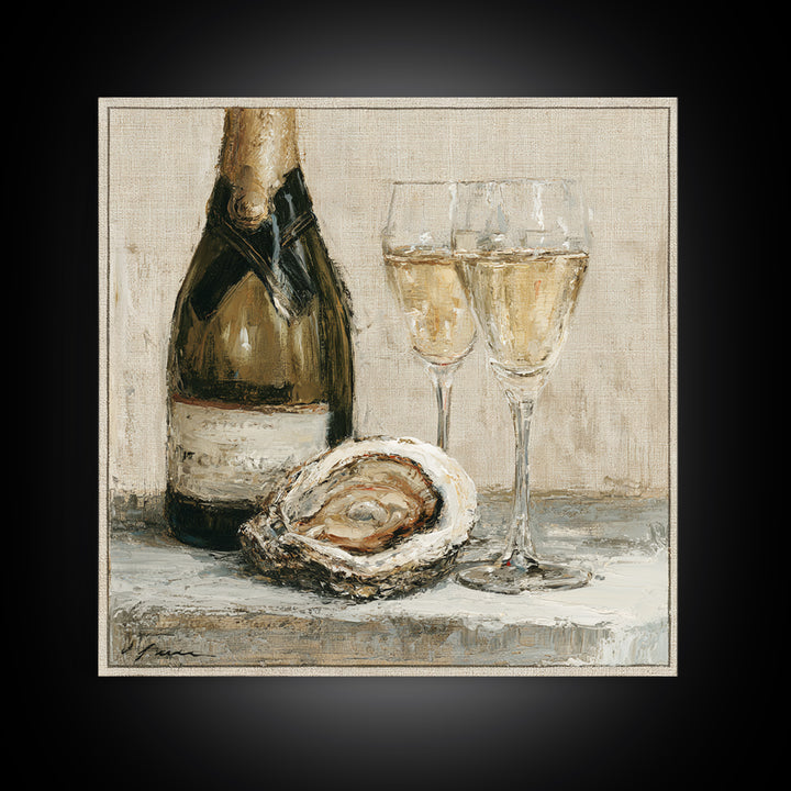 Elegant Oyster and Champagne Still Life Framed Canvas Print, Dining Room Art, Bedroom Decor, Dining Room Decor, Dining, DRA-1x1-7