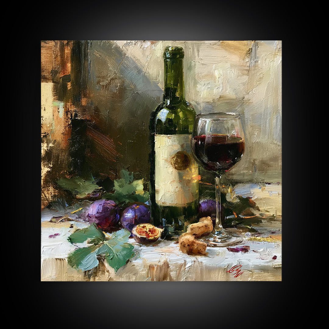 Wine Bottle and Figs on a Linen Canvas Print, Dining Room Art, Gallery Decor, Dining Room Decor, Abstract Art, Dining, DRA-1x1-75