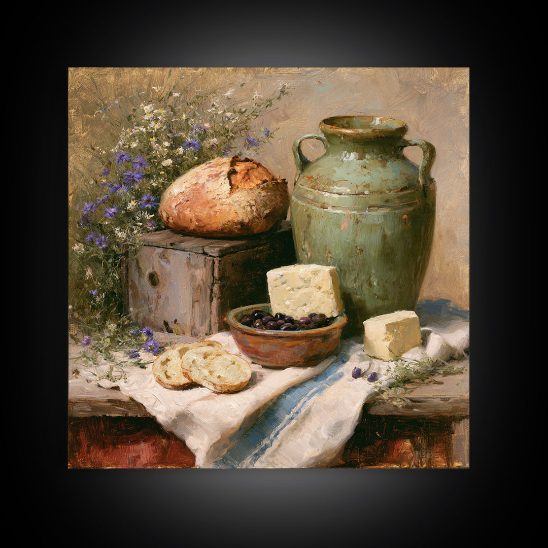 Rustic Bread Olives and Cheese Still Life Framed Canvas Print, Dining Room Art, Kitchen Prints, Dining Room Decor, Dining, DRA-1x1-78