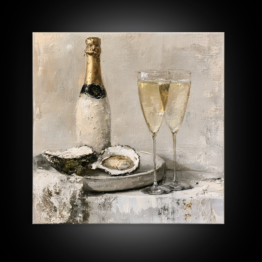 Elegant Oyster and Champagne Still Life Framed Canvas Print, Dining Room Art, Dining Room Decor, Oil Painting, Dining, DRA-1x1-79