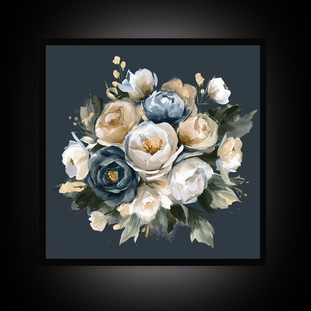 Moody Dark Background Bouquet for Formal Dining Framed Canvas Print, Dining Room Art, Neutral Decor, Dining Room Decor, Dining, DRA-1x1-83