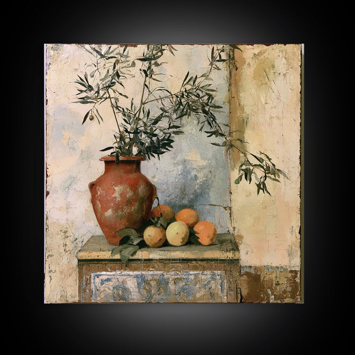 Mediterranean Olive Branch and Citrus Arrangement Canvas Print, Dining Room Art, Coastal Decor, Dining Room Decor, Dining, DRA-1x1-84