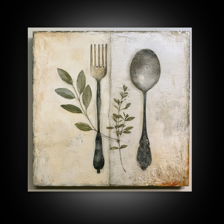 Minimal Fork Spoon and Herb Composition Canvas Print, Dining Room Art, Coastal Wall Art, Dining Room Decor, Fine Art, Dining, DRA-1x1-94