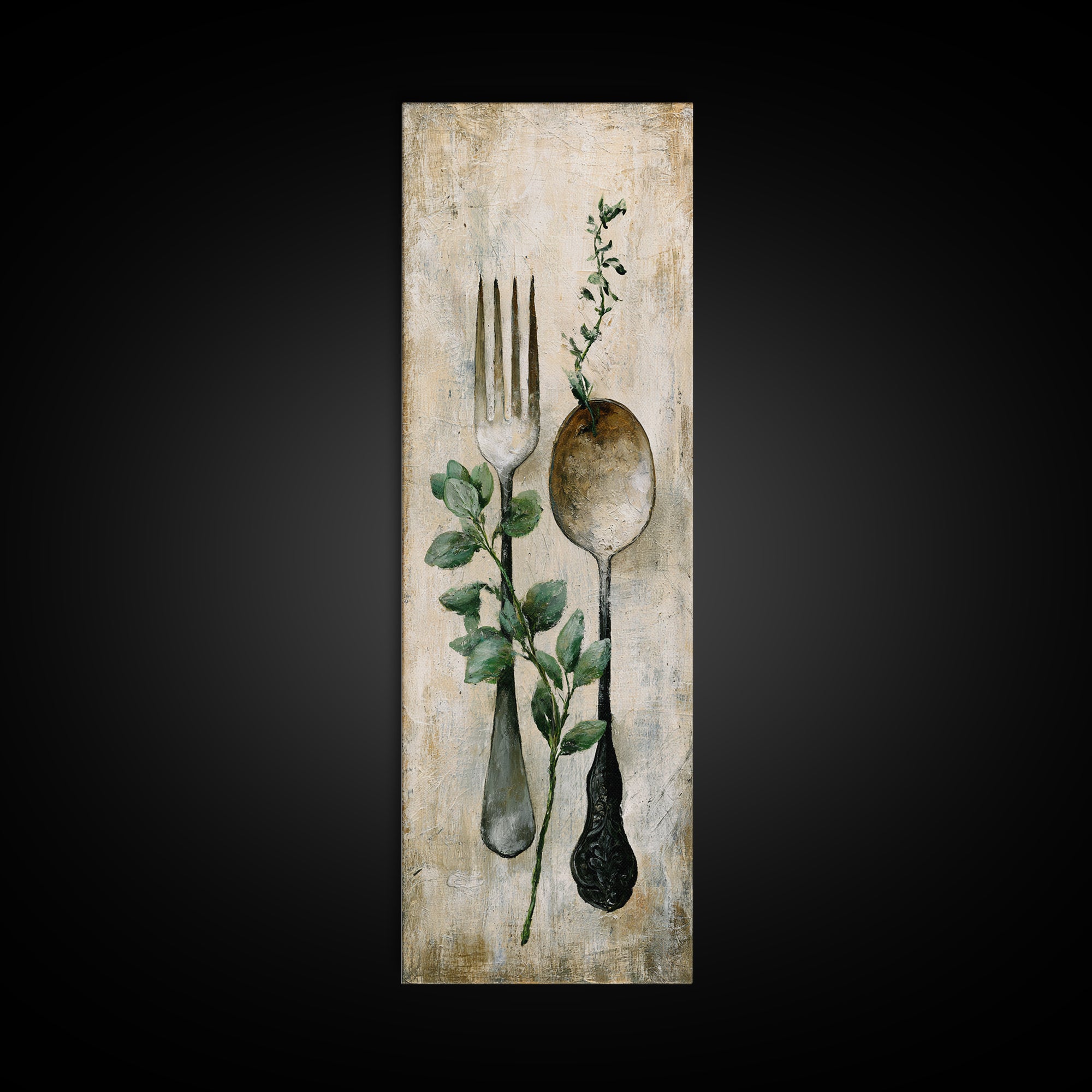 Minimal Fork Spoon and Herb Composition Canvas Print, Dining Room Art, Kitchen Art, Dining Room Decor, Fine Art, Dining, DRA-1x3-10