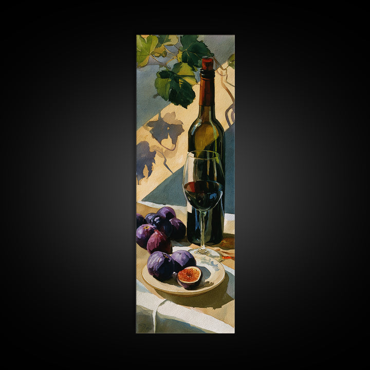 Wine Bottle and Figs on a Linen Framed Canvas Print, Dining Room Art, Statement Artwork, Dining Room Decor, Fine Art, Dining, DRA-1x3-15