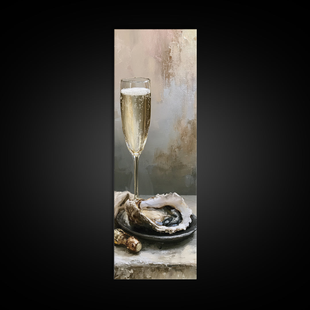 Elegant Oyster and Champagne Still Life Framed Canvas Print, Dining Room Art, Boho Decor, Dining Room Decor, Fine Art, Dining, DRA-1x3-19
