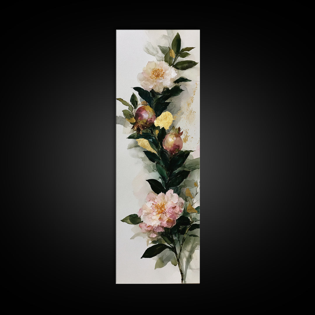 Pomegranate and Gold Leaf Botanical Study Canvas Print, Dining Room Art, Dining Room Wall Art, Dining Room Decor, Dining, DRA-1x3-20