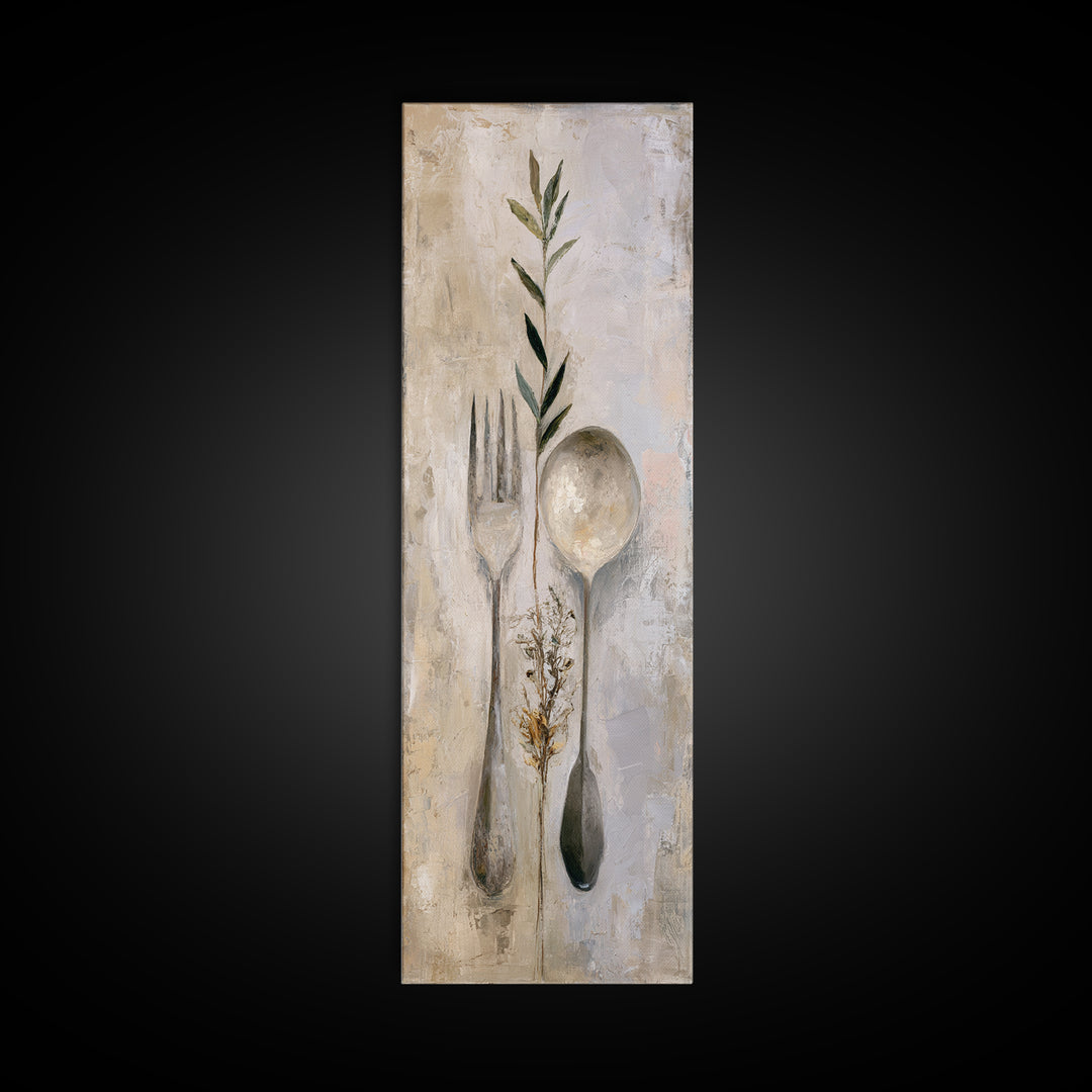 Minimal Fork Spoon and Herb Composition Canvas Print, Dining Room Art, Bedroom Wall Art, Dining Room Decor, Dining, DRA-1x3-34