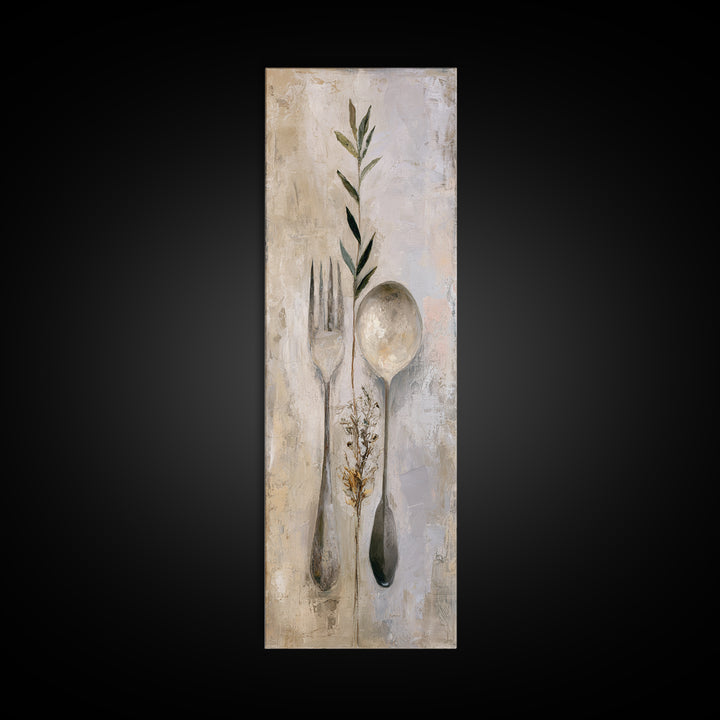 Minimal Fork Spoon and Herb Composition Canvas Print, Dining Room Art, Bedroom Wall Art, Dining Room Decor, Dining, DRA-1x3-34
