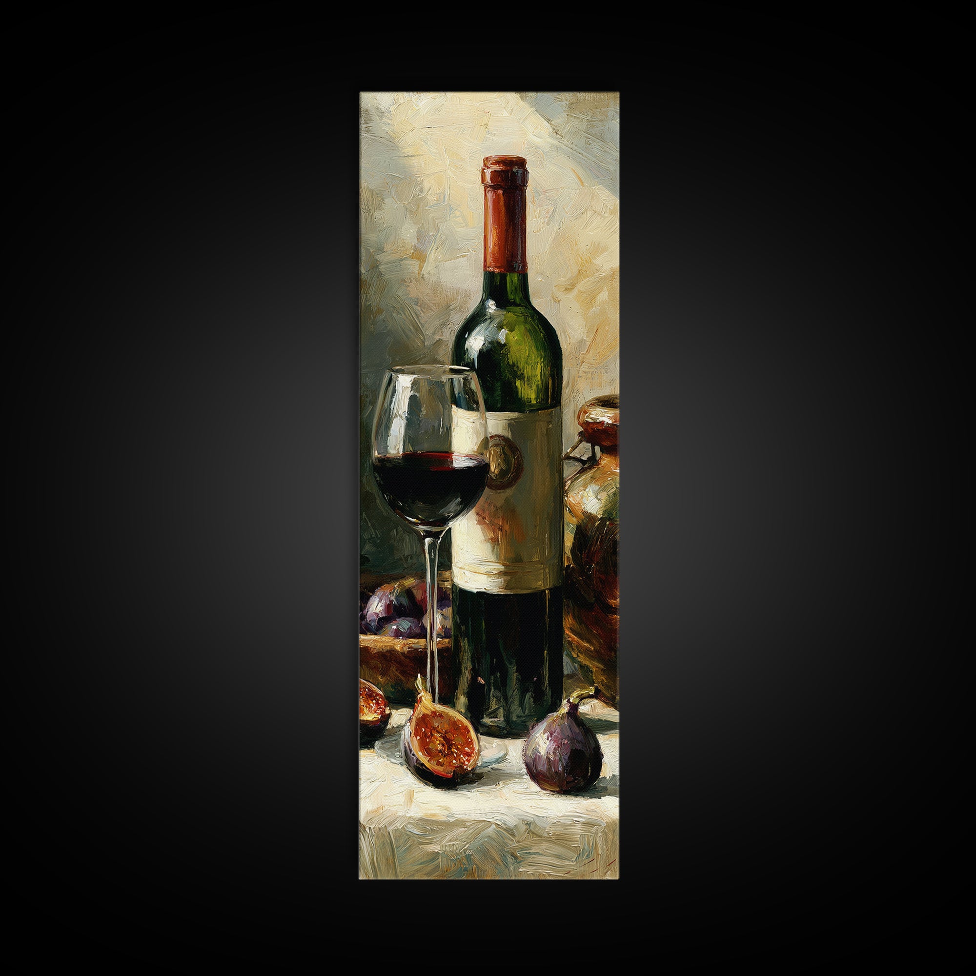Wine Bottle and Figs on a Linen Canvas Print, Dining Room Art, Textured Painting, Dining Room Decor, Fine Art, Dining, DRA-1x3-39