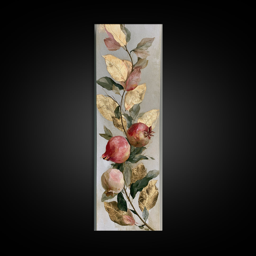 Pomegranate and Gold Leaf Botanical Study Canvas Print, Dining Room Art, Statement Artwork, Dining Room Decor, Oil Painting, DRA-1x3-44